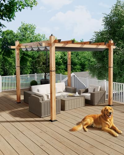 KYBOLT 10x10 Ft Aluminum Pergola Outdoor Pergola with Retractable Canopy Wood-Grain Sun...