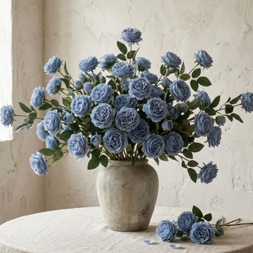 Thiccywoov 36 Bundles 36 Bundles Artificial Flowers Peonies Roses 108 Heads Fake Silk Peony Bouquet Floral Arrangements for Wedding Bridal Shower Table Centerpieces Vase Decoration (Dusty Blue)