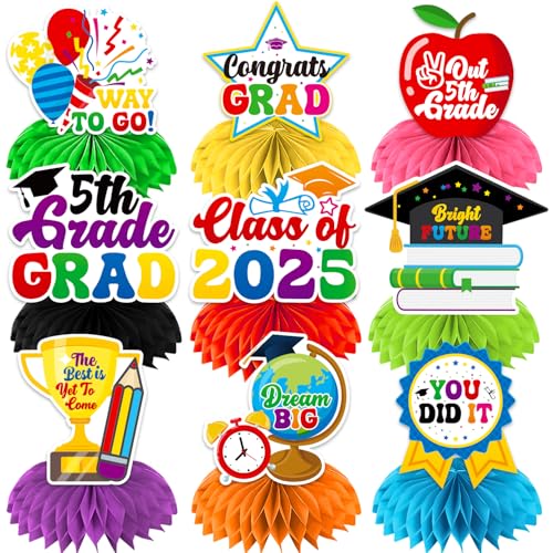9Pc 5th Grade Graduation Decorations Honeycomb Centerpieces, 3D Double Side Fifth Grade Graduation Decorations for Table, Elementary School Graduation Decorations for Party Office Classroom