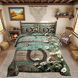 Rustic Farmhouse Bedding Set Teal Country Wooden Barn Door Down Comforter Queen Western Horseshoe Daisy Decor Comforter Set for Kids Boys Girls Teen Cowboys Cowgirls Quilt Duvet Sets 2 Pillow Cases