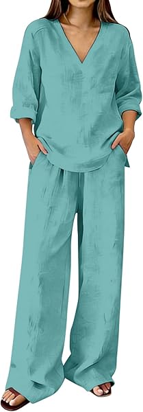 Ensemble Femme Chic Et Elegant en Lin Ete Deux Pièces Grande Taill Chemise Manches Longues Col V Et Décontracté Pantalon Taille Tenue Couleur Unie Ensemble Pantalon Léger de Plage Jogging Outfit Set - 5
