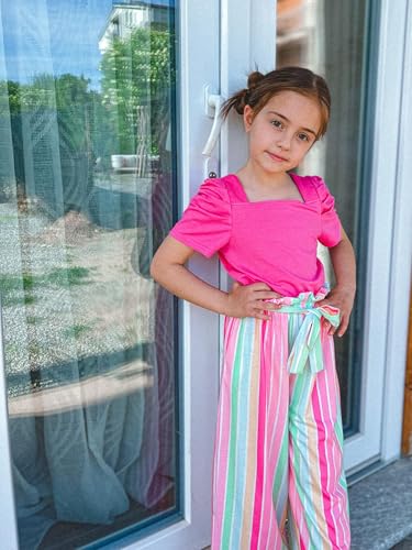 Arshiner Mädchen Tshirt mit Hose Set Kinder Mode Baumwolle Bekleidungssets Blasenärmeliges Oberteil mit Bedruckter Freizeithose Zweiteilig Outfits für Mädchen 11-12 Jahre 150