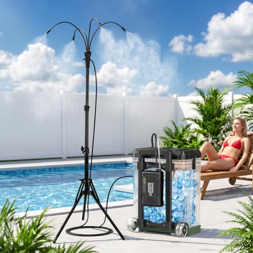 Veubew Misters for Outside Patio with 15L Bucket, Outdoor Misters for Patio Cooling with Adjustable Height(up to 47in), with 10000mAhMWater Pump, 8 Nozzles, for Outdoor Patio Cooling Pool BBQ