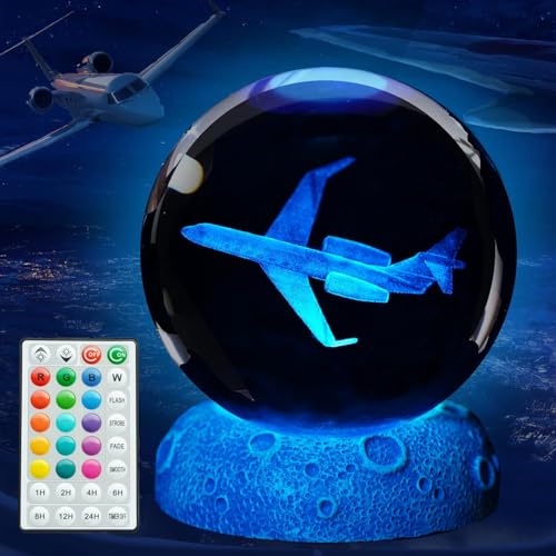 Veilleuse aviation, cadeau d'aviation, veilleuse en forme d'avion en forme de boule de cristal 3D avec télécommande améliorée de 8,9 cm, lampes pilotes...