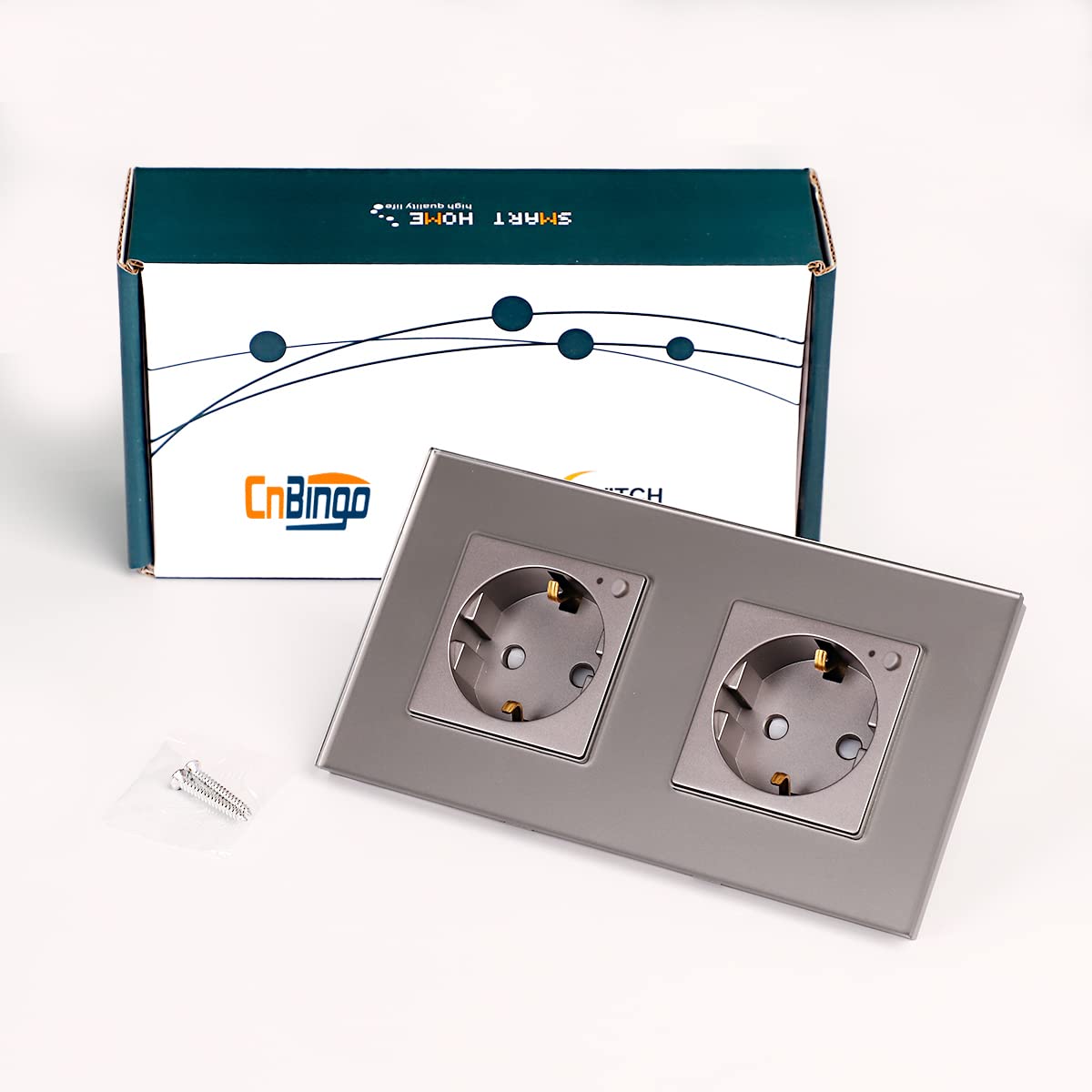 CNBINGO Presa Schuko WLAN da incasso, 16 Amp vetro Smart presa da lavoro con Alexa(Echo, Echo Dot), Google Assistant, controllo app, solo 2,4 GHz WiFi, 2 scomparti, grigio, confezione da 2 pezzi