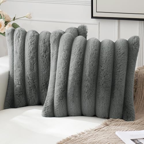 MIULEE Juego de 2 Cojines de Felpa de Piel Sintética Cojines Decorativos Cojines de sofá Modernos Cojines de Sofá Boho para Sala de Estar Sofá Dormitorio 45x45 Gris