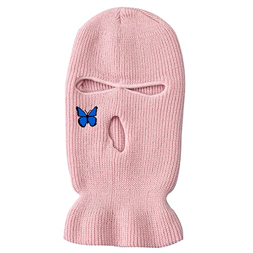 ISWMM 3-Hole Ski Mask Woolen Knitted Hat EmbroideredWarm Outdoor Cycling Windproof Mask Balaclava Pink