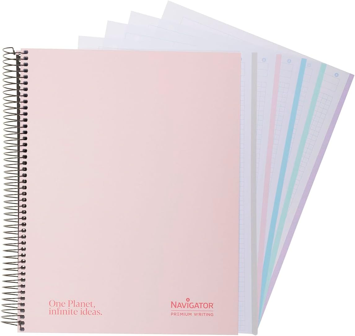 Navigator | Notebook A4 + Squared 5 x 5 | Extra Hard Cover | Pastel Pink | 5 Colour Border | 80 g Paper | 120 Sheets Microperforated 4 Holes | Spiral Coil-Lock | Premium Writing Paper