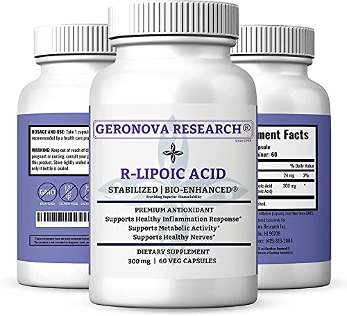 GeroNova Research Stabilized Bio-Enhanced R-Lipoic Acid - Premium R Alpha Lipoic Acid Antioxidant for Nerve Pain & Inflammation Support, Increases Glucose Uptake and Boost Energy Production 300mg, 60 Caps