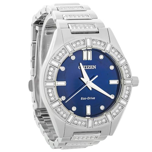 Image of Citizen Womens Eco-Drive Silhouette Crystal Stainless Steel Bracelet Analog Blue Dial Watch | 34Mm | Em1020-57L, 9 Inches, Modern, Band Color:Silver
