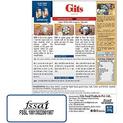 Image of Gits Instant Rice Idli Breakfast Mix, Pure Veg, Authentic South Indian Breakfast Recipe, 800g (Pack of 4 X 200g Each)