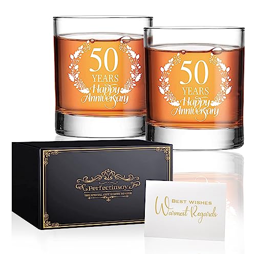 Perfectinsoy 50 Years Happy Anniversary Whiskey Glass Gift Set, 50th Anniversary Wedding Gift For Mom, Dad, Grandparents, Soulmate, Couple, 50 Years Gifts, Happy 50th Anniversary Birthday