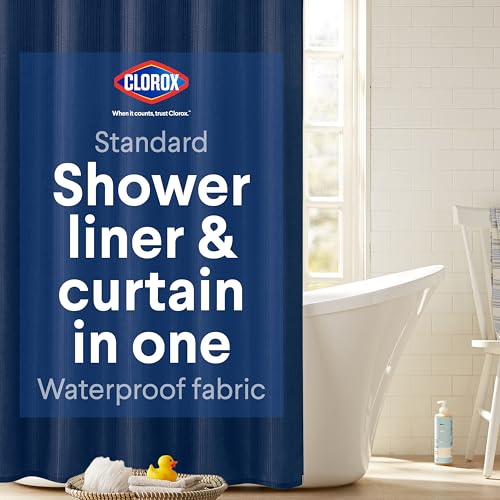 Clorox 2-in-1 Bathroom Shower Curtain Liner, Durable Fabric, Weighted Magnets for Bath Water Control, Washable Premium Quality, Modern - 72 x 72 Blue