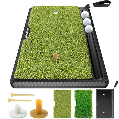 EAGLE WORK 2-in-1 Golf Hitting Mat with Integrated Ball Tray, Heavy Duty Non-Slip Golf Practice Mat, 2 Replaceable Turfs, Golf Training Mat for Swing and Chipping Practice Indoor Outdoor, Golf Gifts