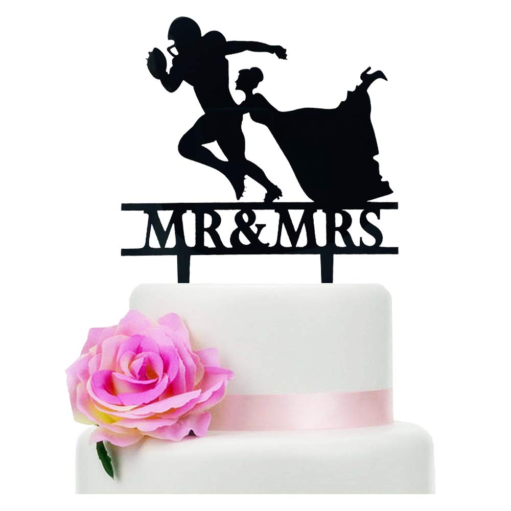 Jimhamhug Gift Boxed Funny Football Couple Wedding Cake Topper, Black Acrylic Mr & Mrs Football Couple Cake Topper for Wedding/Bridal Shower/Engagement Party Decorations