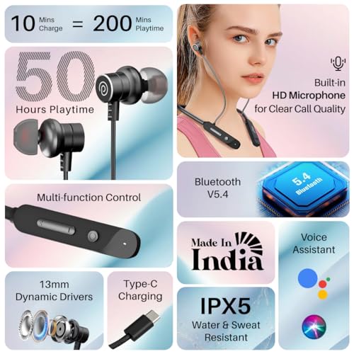 Image of pTron Tangent Buzz w / 50Hrs Playtime, Pristine Sound, Dual-Device Pairing, Bluetooth 5.4 Wireless in-Ear Earphones with Mic, Hall Switch Function, Voice Assistant, Type-C Fast Charging & IPX5 (Black)