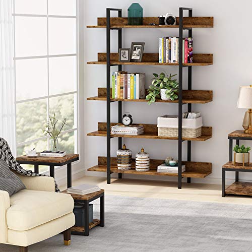 Tribesigns Bookshelf Bookcase, 5-Tier Industrial Stable Storage Rack, Free-Standing Kitchen Shelf Bathroom Organizer with Metal Frame for Home, Living Room, Bedroom, Office, Rustic Brown and Black