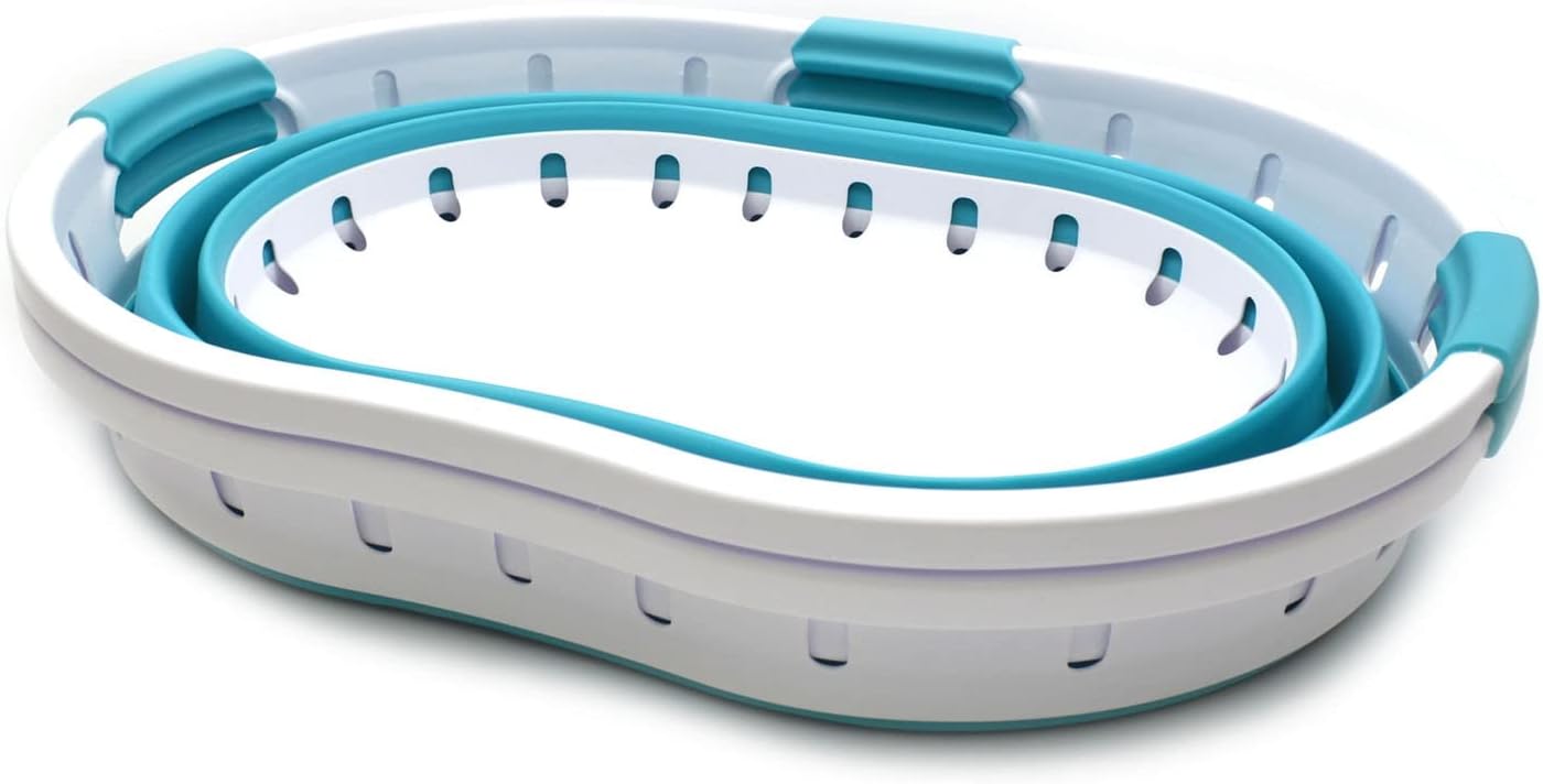 SAMMART 36L (9.5 gallon) Collapsible 3 handled Plastic Laundry Basket - Oval Basket - Foldable Storage Container/Organizer - Space Saving Laundry Hamper (2, White/Bright Blue)