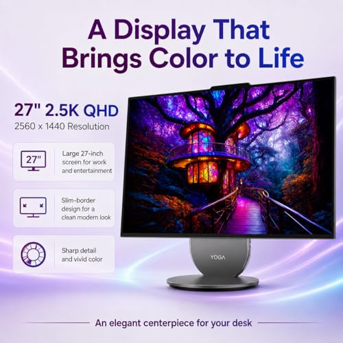 Image of Lenovo Yoga All in one Desktop AI PC, 27 inch 2K QHD IPS Display, Intel Core Ultra 7 255H (96-Tops, Up to 5.1 GHz), 16GB 6400 MHz LPDDR5X | 2 TB SSD, Wi-Fi 7, Wireless Keyboard, Mouse Windows 11 Pro