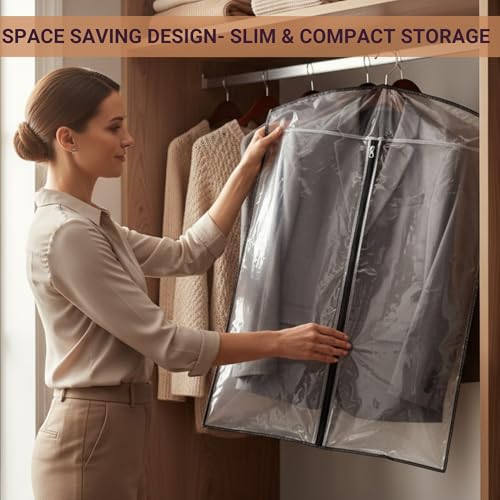 Image of Coat Cover | Foldable Rexin Blazer & Suit Cover with Zipper | Transparent Garment Bag for Wardrobe Storage | Dust & Moisture Protection Clothing Organizer - Set of 4 | Height-36 inch