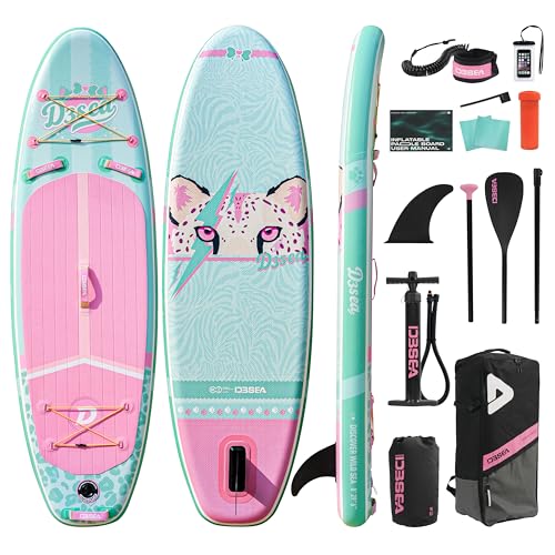 D3SEA 8 ft Inflatable Paddle Board with SUP Accessories Extra Long Non Slip EVA Deck Extra Wide iSUP All Around Paddleboard for Kids (Mint Pink) 8 29 6
