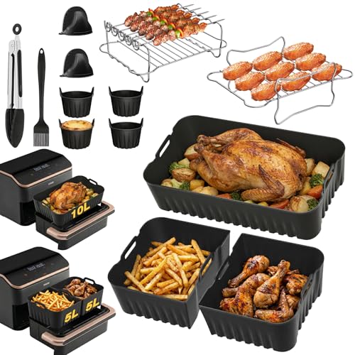 Heißluftfritteuse Zubehör für Cosori Dual Blaze Twinfry 10L Airfryer Zubehör für Cosori 2 Kammern Inklusive 2 x 5L+10L Silikonform Grillrost Muffinförmchen Zange 4 x Muffinform Backhandschuh