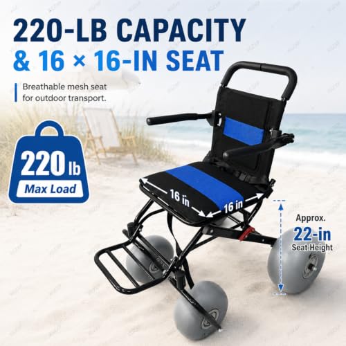 Vhewq Wózek inwalidzki plażowy, kompaktowe krzesło z kółkami balonowymi, nośność 100 kg, odporny na słoną wodę i korozję, wózek inwalidzki plażowy, na piasek, plażę, trawę, żwir i dostęp do wody