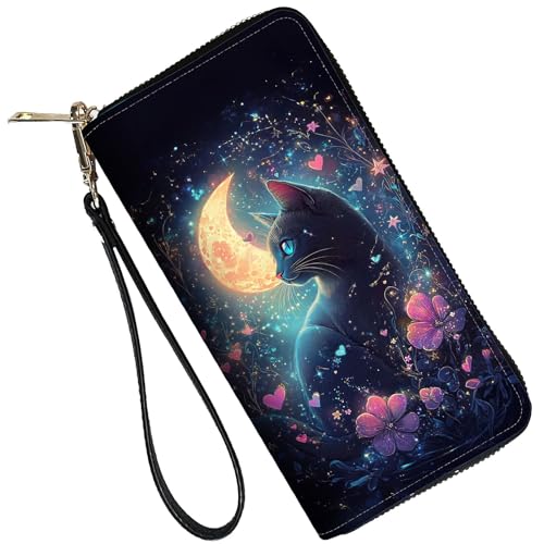 Image of RFID Blocking Leather Wallet for Women - Large Capacity Zip Around Clutch with 8 Card Slots,36 Cash Pockets & Coin Zipper,Cute Cat Flower Moon