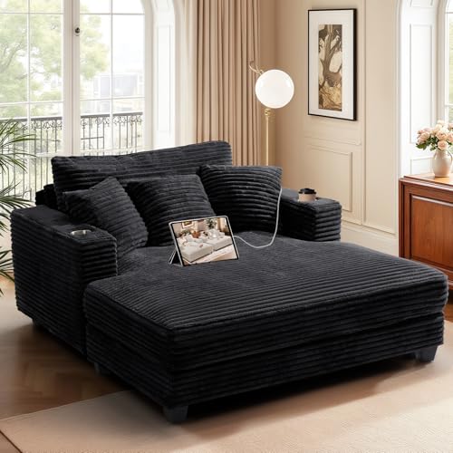 HUSFU 60'' Oversized Chaise Lounge Chair, Upholstered Sofa Bed, Sleeper Couch Reading Chairs with USB Port and Cup Holders,Comfy Cloud Sofas Couches for Living Room,Black