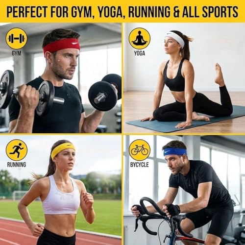 Image of Cotton Headband Sports, Men's women'sGym Workout,Yoga Sweatband-All Sports Wear Headband Fitness Band Unisex (Pack of 5) Red /Yellow /White /Black /Blue