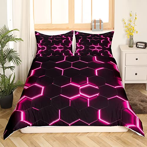 Pink and Black Print Duvet Cover Hexagonal Bedding Set Kids Boys Teens Honeycomb Decor Comforter Cover Beehive Simplistic Geometric Bedspread Cover Bedroom Collection 3Pcs King Size - Image 3