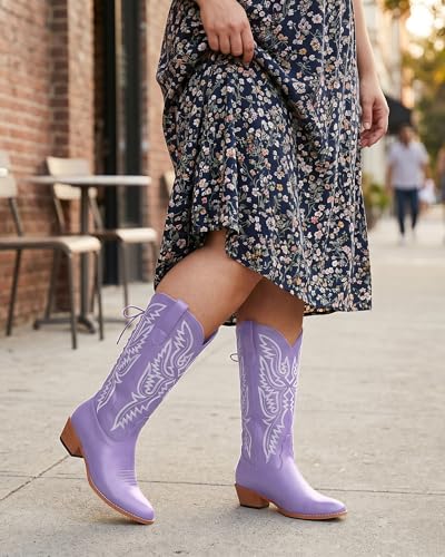Image of Uillnoodu Wide Calf Cowboy Boots Women Adjustable Lace Up Knee High Tall Plus Size Cowgirl Boots Western Style Comfortable 2-Inch Heel