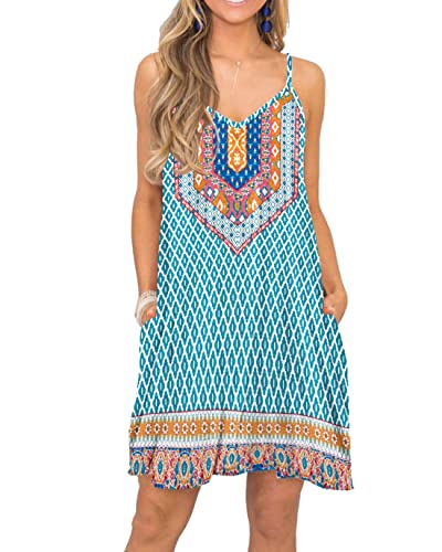 Image of Women's Summer Spaghetti Strap Casual Swing Tank Beach Cover Up Dress with Pockets
