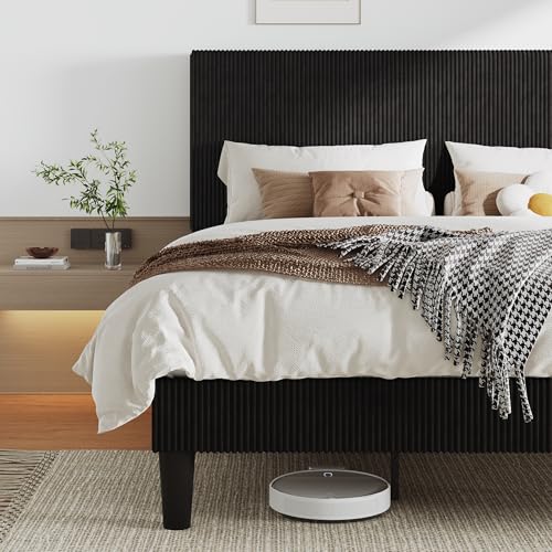 Image of Allewie King Bed Frame, Corduroy Tufted Headboard, Black