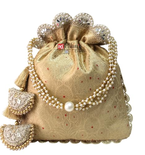 Image of MILAN'S CREATION Pure Banarasi Potli Silk Brocade Bag Purse Drawstring Women's handbag with Pearl Handle & Tassel Weddings