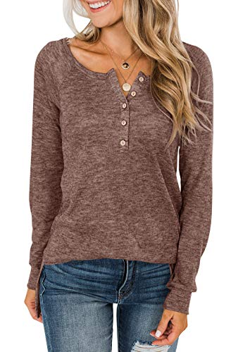 LAICIGO Womenâ€™s Henley Shirts Button Down Long Sleeve V Neck Slim Fit Side Slit Casual Tunic Tops Brown