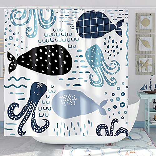 Image of DESIHOM Blue Whale Shower Curtain Set Cool Funny Ocean Cartoon Shower Curtains for Bathroom Cute Kids Bathroom Decor Polyester Fabric-72" x 72"