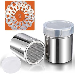 Upgrade Mesh SOSMAR 2 Pieces 304 Stainless Steel Chocolate Shaker Duster Dredgers Sprinkler Icing Sugar Cocoa Flour Coffee Latte Cappuccino Mesh Sifter, 16 Pcs Barista Coffee Stencils & Clip