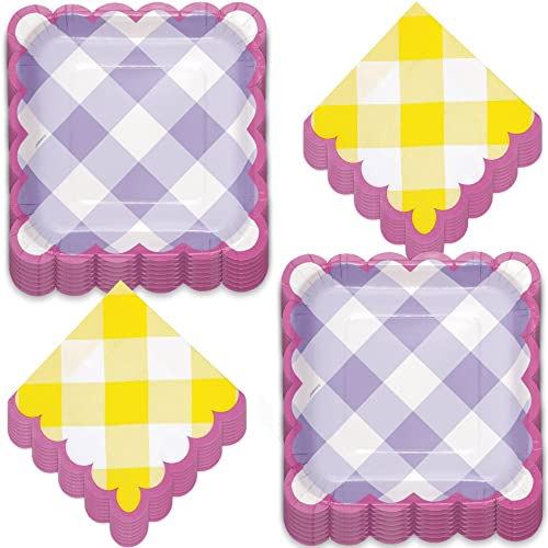 HOME HOOPLA Spring Pastel Plaid Gingham Scalloped Square Paper Dessert Plates and Beverage Napkins Serves 16