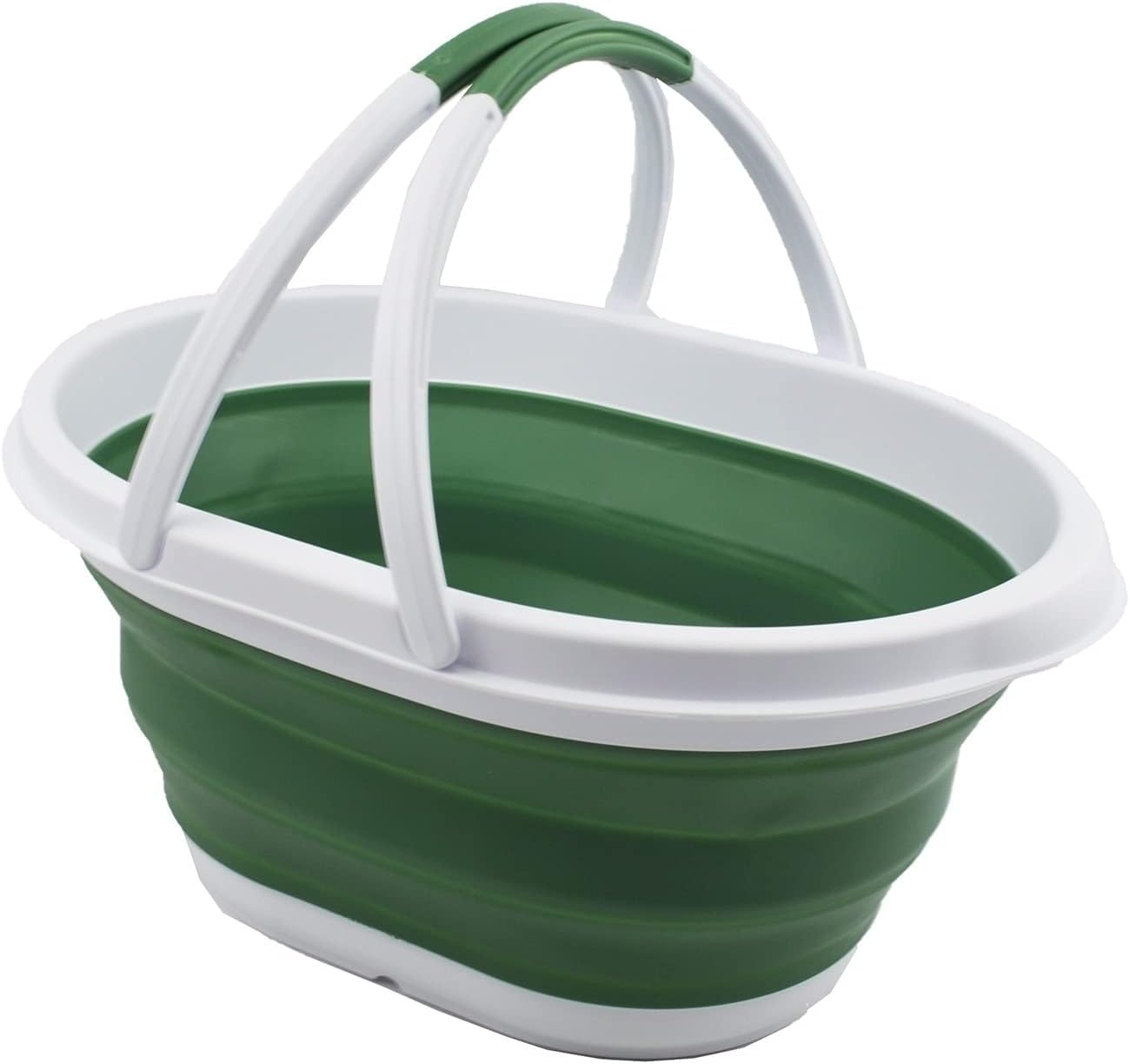 SAMMART Collapsible Basket with Handle 11L (2.9 Gallon) - Portable Outdoor Picnic Basket / Crate - Foldable Storage Container for Dishes Washing, Camping and Home (White/Dark Sea Green)