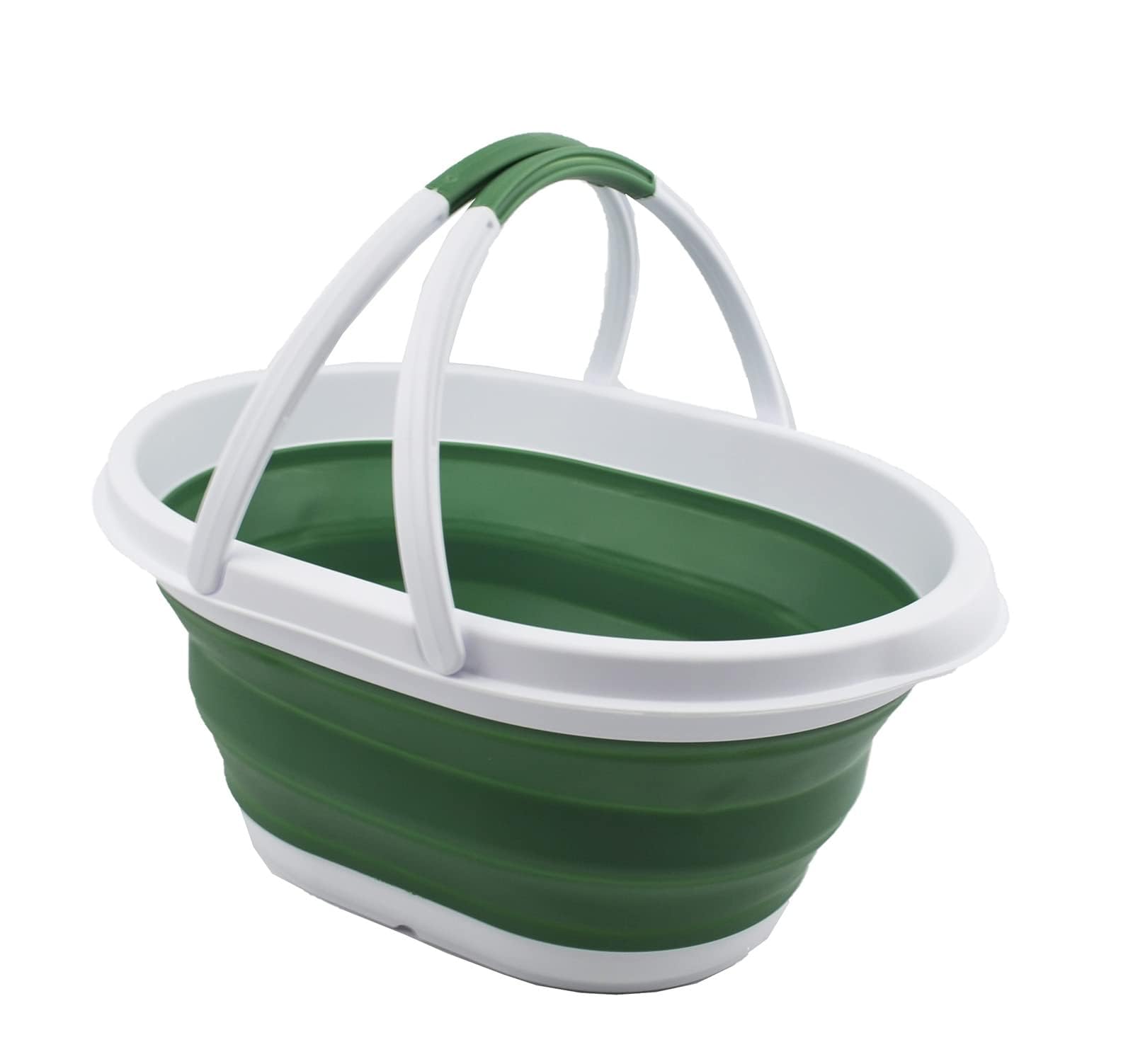 SAMMART 11L Collapsible Tub with Handle - Portable Outdoor Picnic Basket / Crater - Foldable Shopping Bag - Space Saving Storage Container (White/Dark Sea Green, 1)