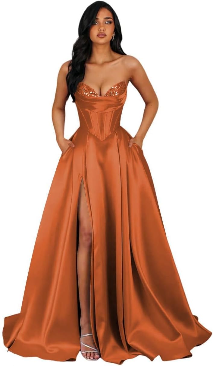 Glitter Sequin Satin Prom Dresses for Women Long Corset A-line Formal Evening Gown with Slit