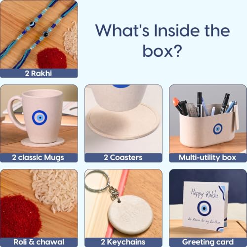 Image of Eha Earth Friendly Rakhi Gift for Brother Made with Rice Husk | Set of 2 | Rakhi Set for Brother | Printed Mug & Evil Eye Rakhi Hamper | Gift for Rakshabandhan