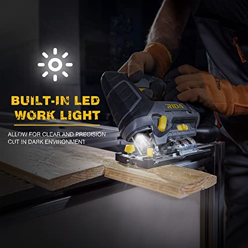 Rida Cordless Jig Saw, 20V Jigsaw With 2.0Ah Battery & 1 Hour Fast Charger, 0-2700 Spm Adjustable Speed, ±45° Bevel Cutting With Led Light, 4Pcs Blades For Woodworking #TOP5