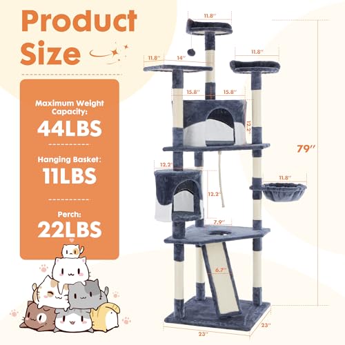 Image of Sweetcrispy 79 inch Cat Tree Tower, Large Multi Level Cats Climbing Tower with Condo, Natural Sisal Scratching Posts, Extended Platform, Basket, Tall Pet Tree House for Indoor Cats Play, Dark Blue