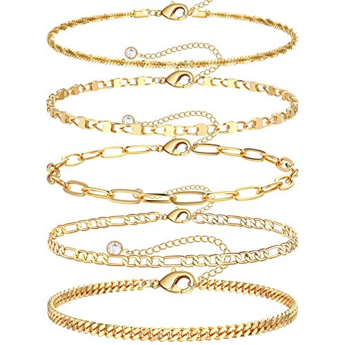 Gmsol Gold Layered Ankle Bracelets For Women Dainty 14K Gold Plated Layering Anklets Set Adjustable Chain Ankles Summer Beach Foot Jewelry Gifts #TOP7