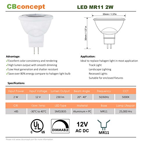 Cbconcept Ul Listed Mr11 Gu4.0 Led Light Bulbs, 5 Pack, 2 Watt, Dimmable 230 Lumen, Daylight 5000K, 36 Degree Beam Angle, 12 Volt 20W Halogen Bulbs Equivalent, Landscape,Track Lighting - San Francisco #TOP1