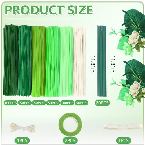 Image of 400 Pcs Pipe Cleaners, Pipe Cleaners Craft, Pipe Cleaner Flowers Crafting | 6 Colors Cleaner with 20 pieces Green Craft thread, Ribbon, Tape,DIY Art and Craft Projects Creative Gift (Green)