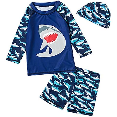 Baby Toddler Boys Two Pieces Swimsuit Set Long Sleeve Shark Bathing Suit Rash Guards Swimwear with Hat UPF 50+ (Navy Shark, 6Years) Cover