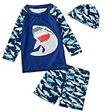Baby Toddler Boys Two Pieces Swimsuit Set Long Sleeve Shark Bathing Suit Rash Guards Swimwear with Hat UPF 50+ (Navy Shark, 6Years)